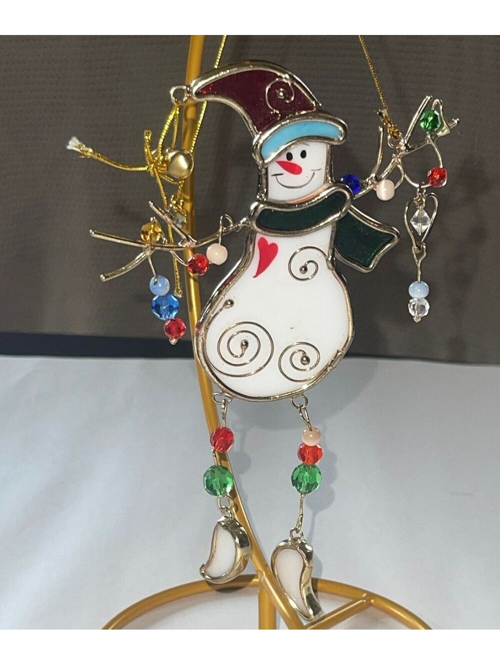 Handcrafted Stained Glass Snowman Christmas Ornament with Beaded Details